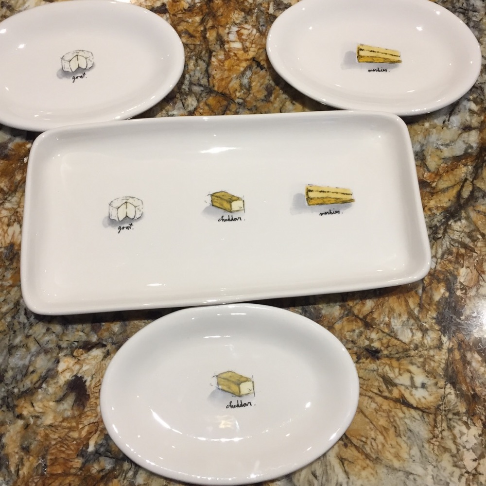 Rae Dunn Cheese serving tray + 3 plates